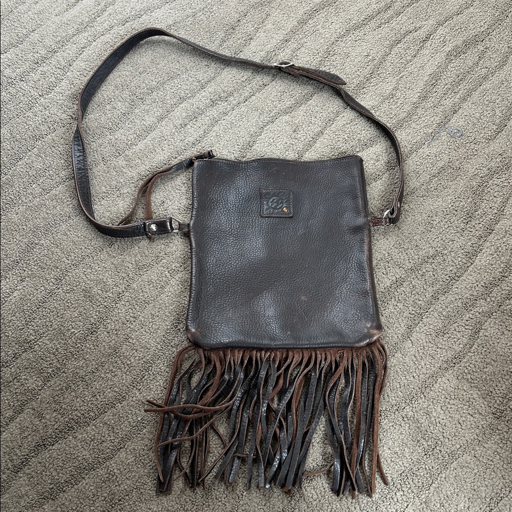 Two Fillies Leather Crossbody Fringe Detail Bag Brown